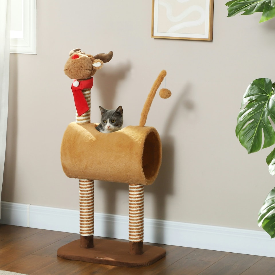 image 1 of PawHut Cat Tree 98cm Deer-Designed Scratching Post with Ball Tunnel, Brown