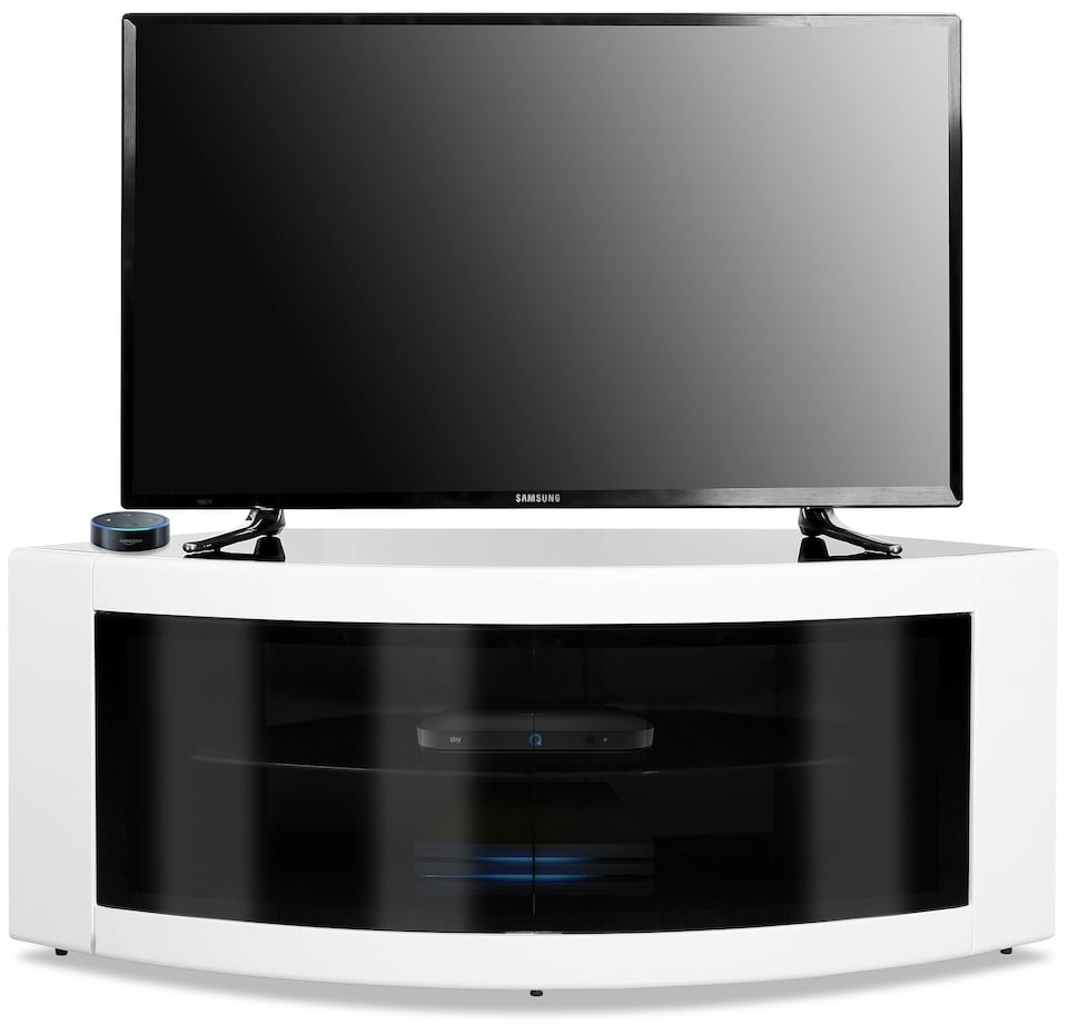 image 1 of Centurion Supports PANGEA Gloss White Beam-Thru Curved Tru-Corner 32”-50” TV Cabinet | Black | White | 1