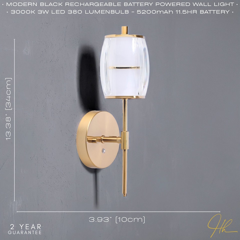 image 1 of Satin Gold Wireless Rechargeable Touch Dimmer Wall Light with Clear Glass Shade | Gold | Gold | 1