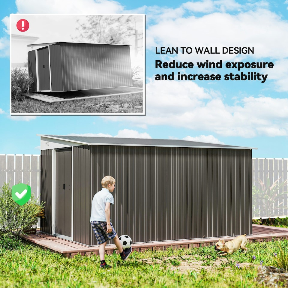 image 1 of Outsunny 11.3x9.2ft Steel Garden Storage Shed w/ Sliding Doors & 2 Vents, Grey