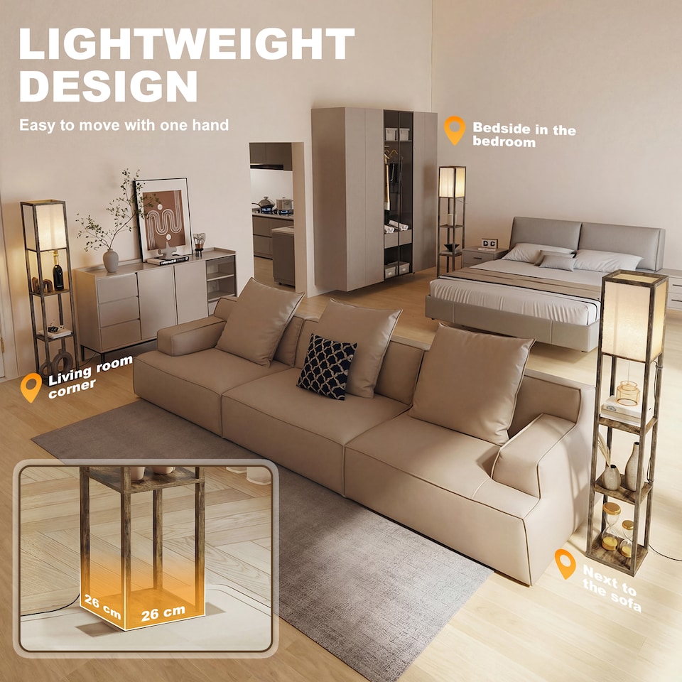 image 1 of HOMCOM Floor Lamp Reading Lamp with 3-Tier Storage Shelf for Home Office Brown