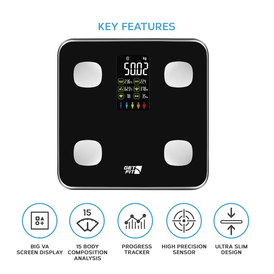 image 1 of Get Fit Smart Body Fat Bathroom Scales - Monitor Weight Loss Digital Weighing Scale, 15 Body Composition Monitor, Free App, Large Colored VA LED Screen - Black