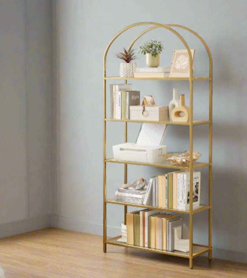 image 1 of 5 Tier Glass Shelf Arched Display Storage Unit with Steel Frame for Home Decor Use