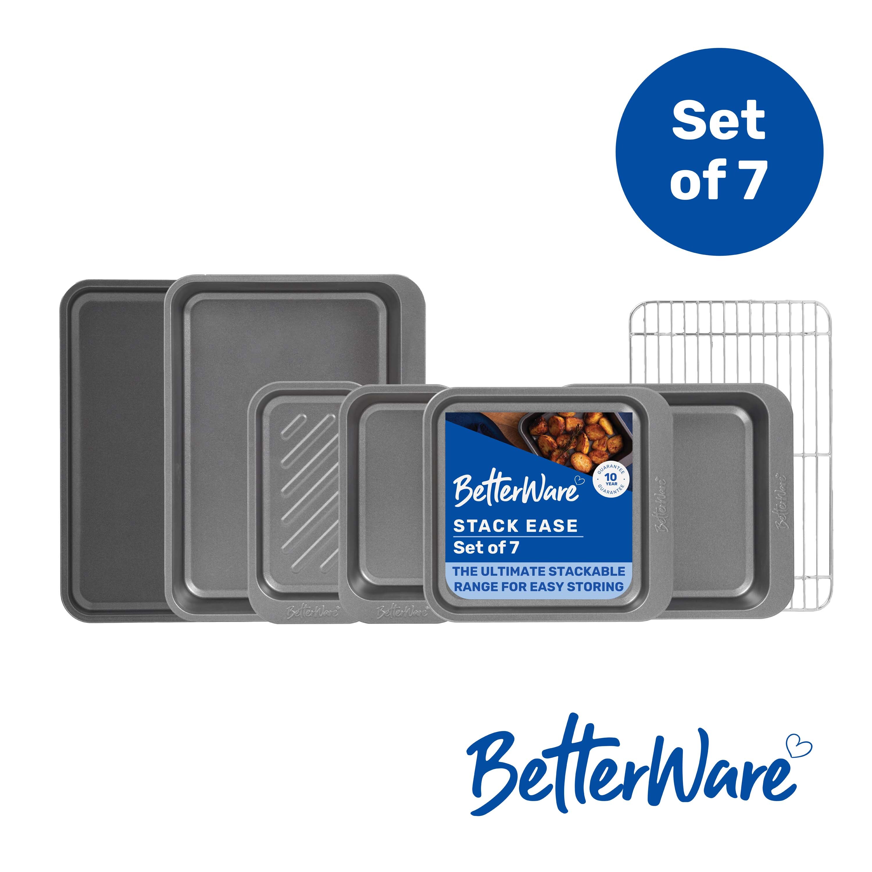 BetterWare Stack Ease 7 Piece Bakeware Set Inc. 3 x Roasters, 3 x Oven Trays 1 x Cooling Rack Dishwasher & Freezer Safe Stackable & Nestable Design Ma