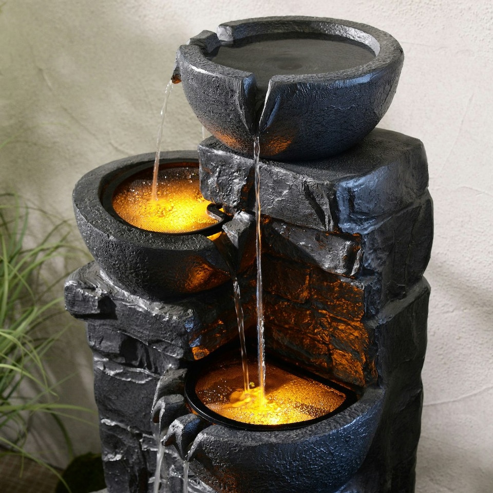 image 1 of Teamson Home Garden Outdoor Water Feature, 4 Tier Cascading Bowl Water Fountain, With Warm LED Lights, Dark Grey