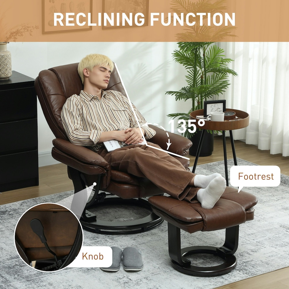 image 1 of HOMCOM Swivel Manual Recliner and Footrest Set PU Leather Chair Brown Brown | Dark Brown