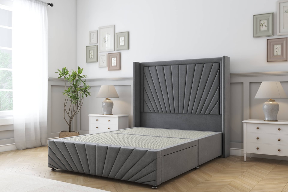 image 1 of Sloomy Rutherford Armour Coniston Divan Bed Base No Drawers With 54 Inch Wingback Headboard & 12 Inch Matching Footboard | Grey | Armour | Single | 1
