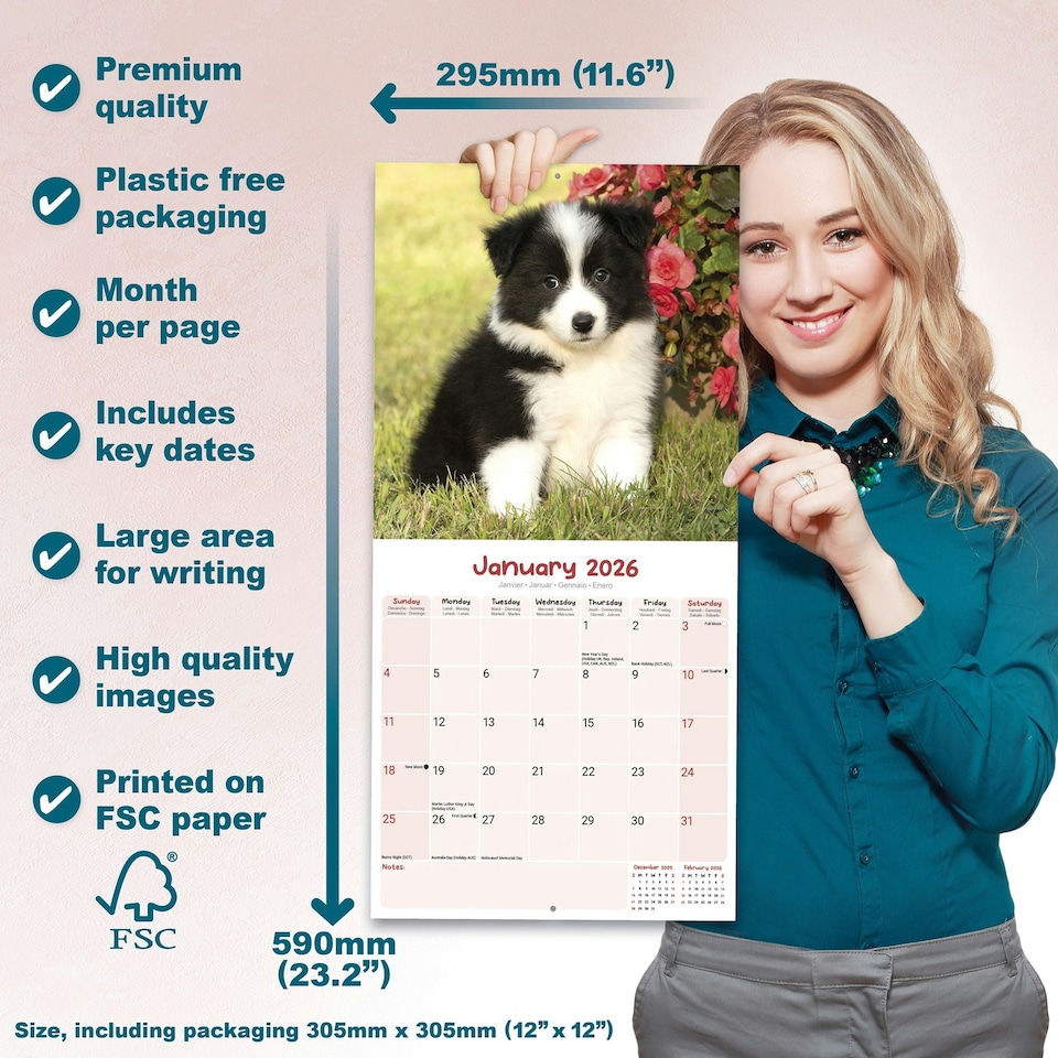 image 1 of Puppies 2026 Calendar | Square Wall Calendar | Dog Breed Gift | Plastic Free Packaging | by Avonside Publishing