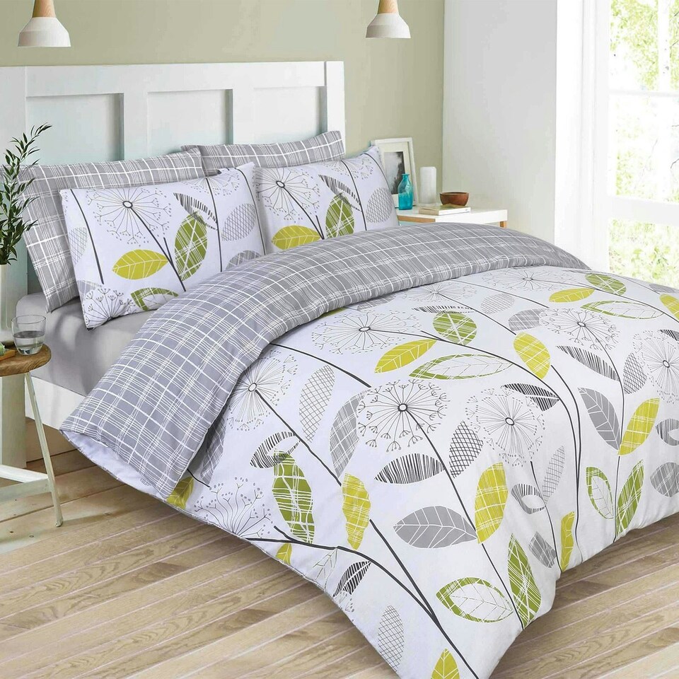 OHS Allium Tartan Check Reversible Polycotton Duvet Cover and Pillowcase Bedding Set, Super King - Green/Grey