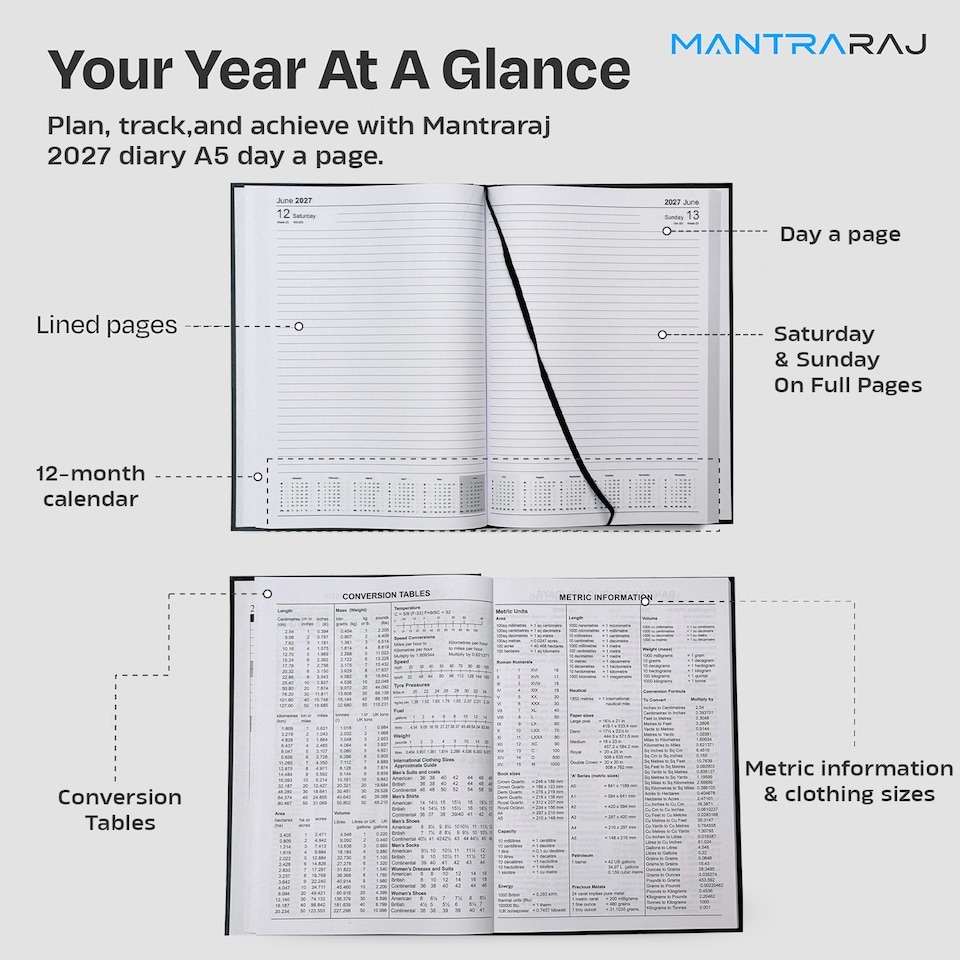 image 1 of MantraRaj 2027 Diary A5 Day a Page Hardback Casebound Cover Desk Diary Organiser Planner Black