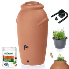 Water Butt Kit with Tap, Diverter & Bio Cleaner – Rainwater Collector for Garden, Balcony & Terrace – Durable Plastic Water Storage Tank | Brown | 210L