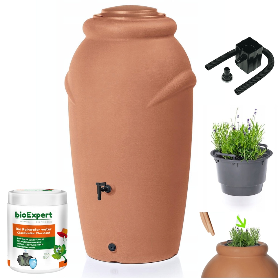 image 1 of Water Butt Kit with Tap, Diverter & Bio Cleaner –  Rainwater Collector for Garden, Balcony & Terrace – Durable Plastic Water Storage Tank | Brown | 210L