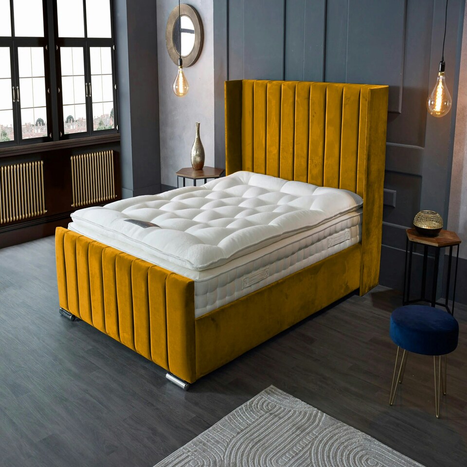 image 1 of Meriso Plush Mustard Super King Bed Frame - Mustard