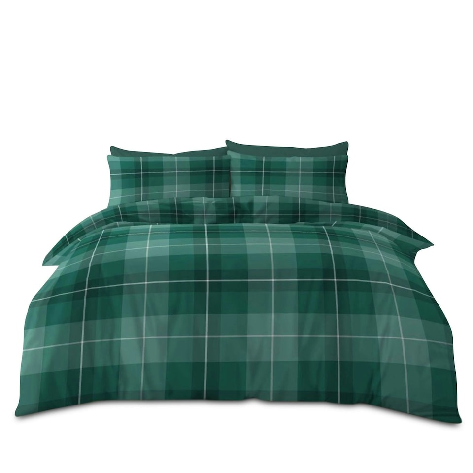 image 1 of VELVETIO Finn Check Complete Duvet Cover Set with Fitted Sheet Soft Polycotton Bedding Sets Green | Double