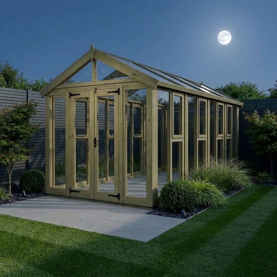 image 1 of 6ft x 18ft Apex Toughened Glass Greenhouse - Pressure Treated Timber - L183 x W549 x H210 cm - Natural