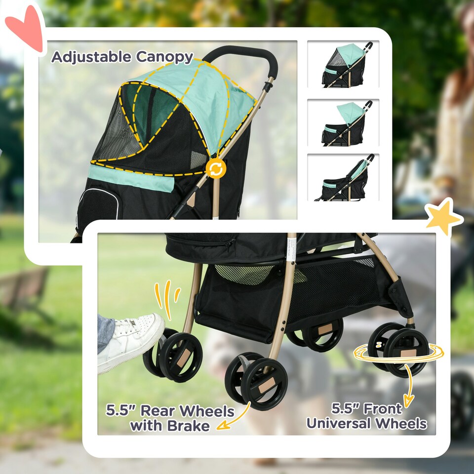 image 1 of PawHut Pet Stroller for XS and S Dogs w/ Rain Cover - Green