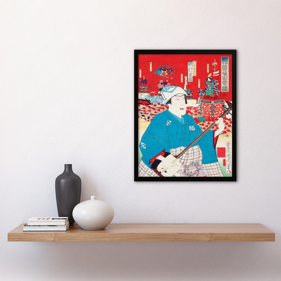 image 1 of Kunichika Samisen Framed Wall Art Komakichi Kanda Festival Theatre Home Décor