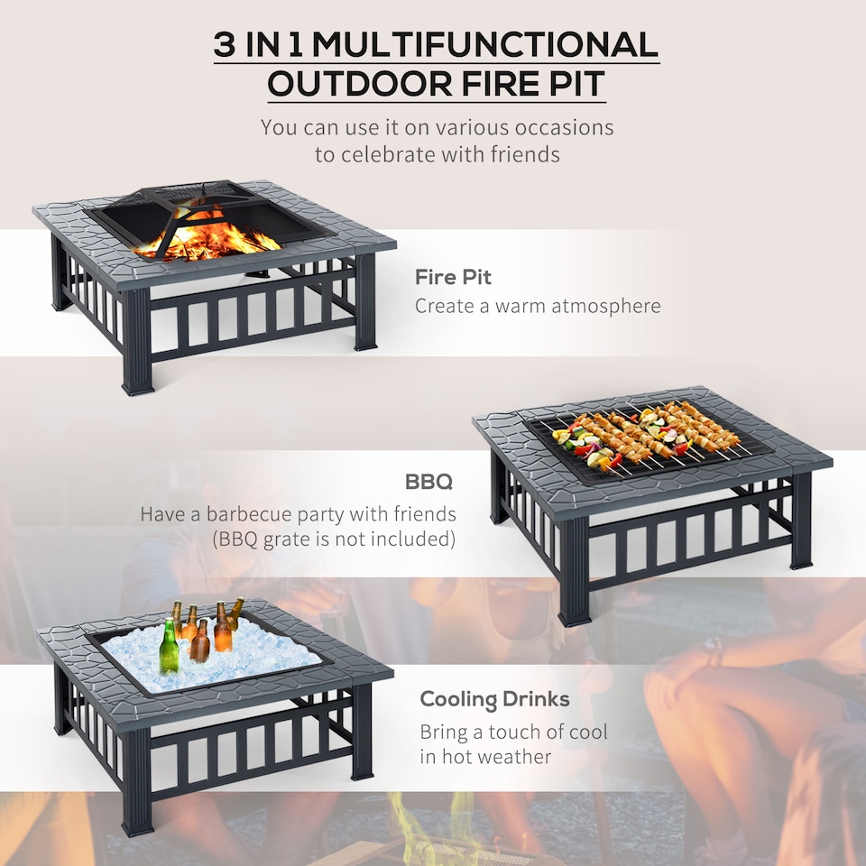 image 1 of Outsunny Fire Pit Heater Square Table Patio Metal Black 86 cm Outdoor | Black | Black