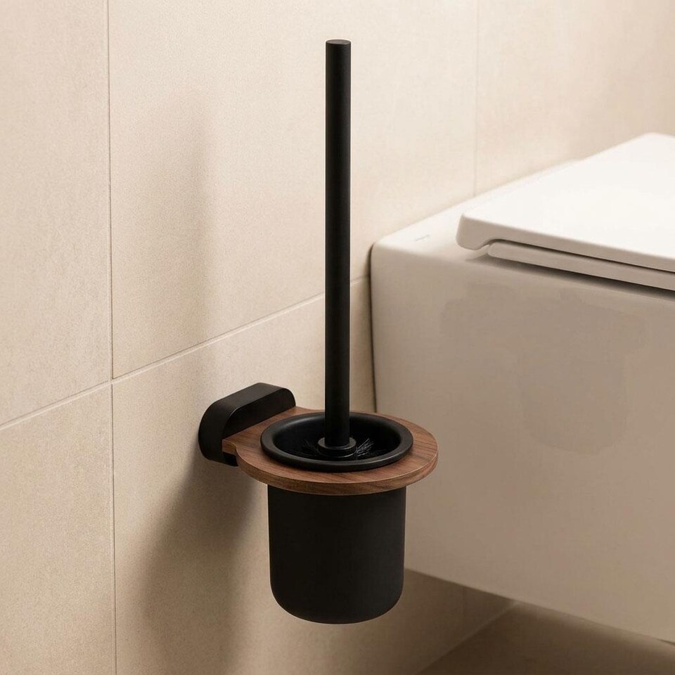 image 1 of Matte Black/Brown Toilet Brush Ceramics Cup Wall Mounted WC Bathroom Accessories