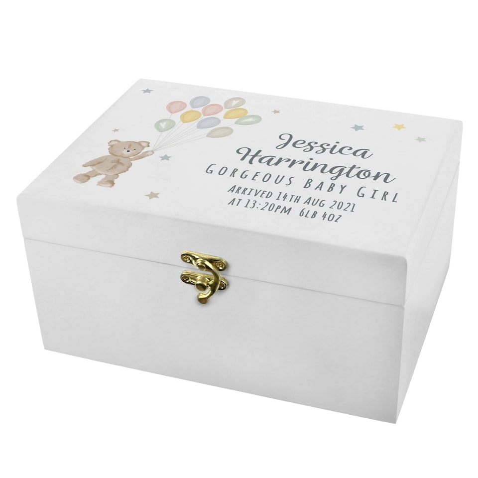 image 1 of Personalised Teddy & Balloons White Wooden Keepsake Box White