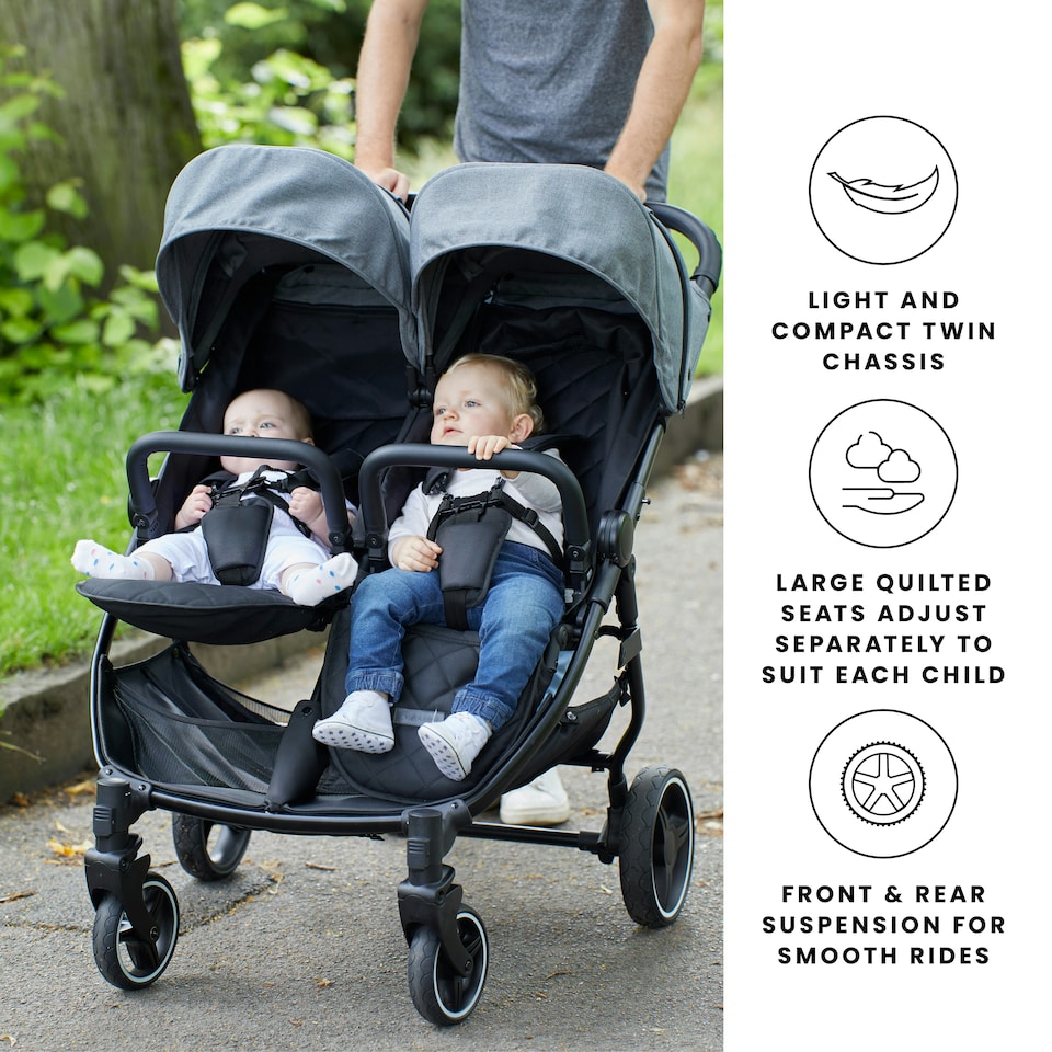 image 1 of Venus Double Stroller – Suitable from Birth to 15kgs (Approx. 3 Years), Compact, Lightweight, Foldable Twin Pushchair, Includes Rain Cover (Black)