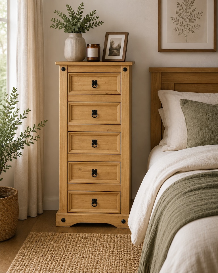 image 1 of Corona 5 Drawer Narrow Chest of Drawers Tallboy Mexican Solid Pine