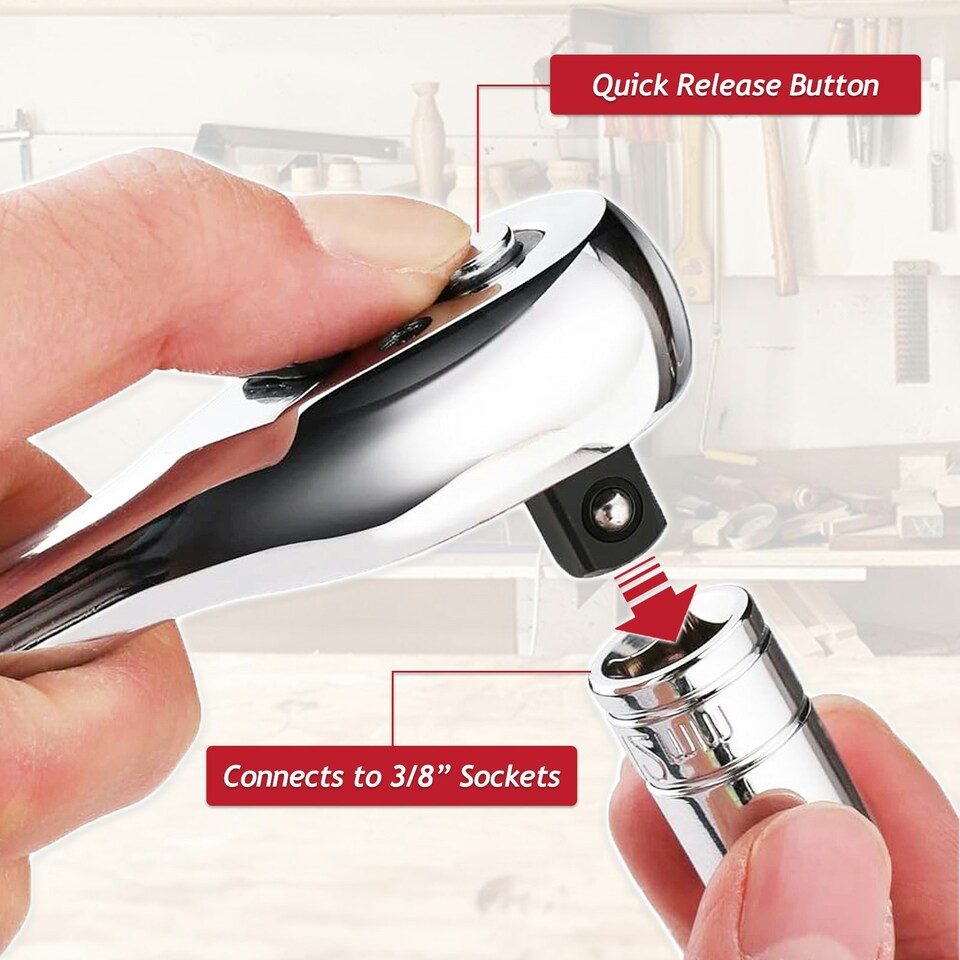 image 1 of SPARES2GO 3/8" Socket Ratchet Square Drive 100 Teeth Quick Release Reversible Chrome Vanadium Steel Tool