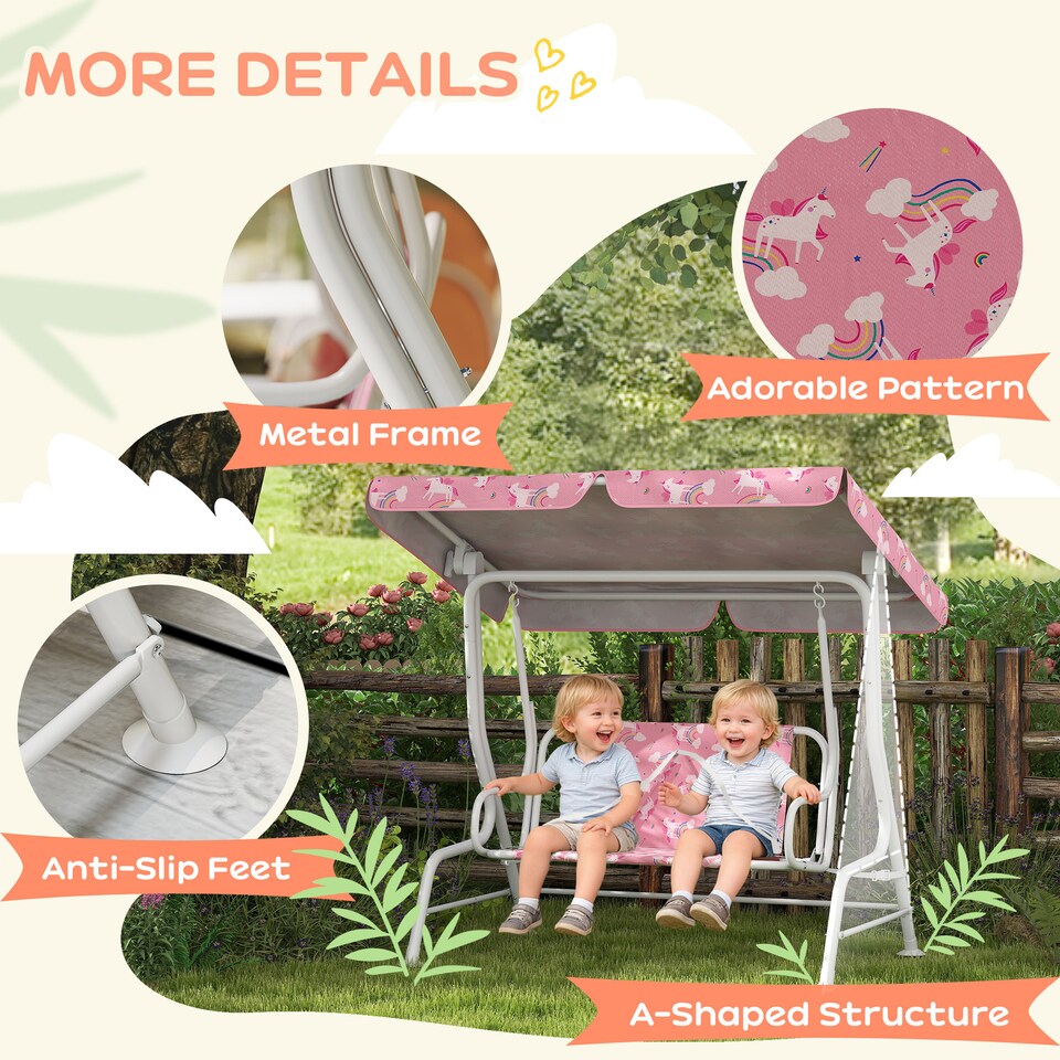 image 1 of AIYAPLAY Kids 2-Seater Porch Swing with Seat Belts, Adjustable Canopy Pink