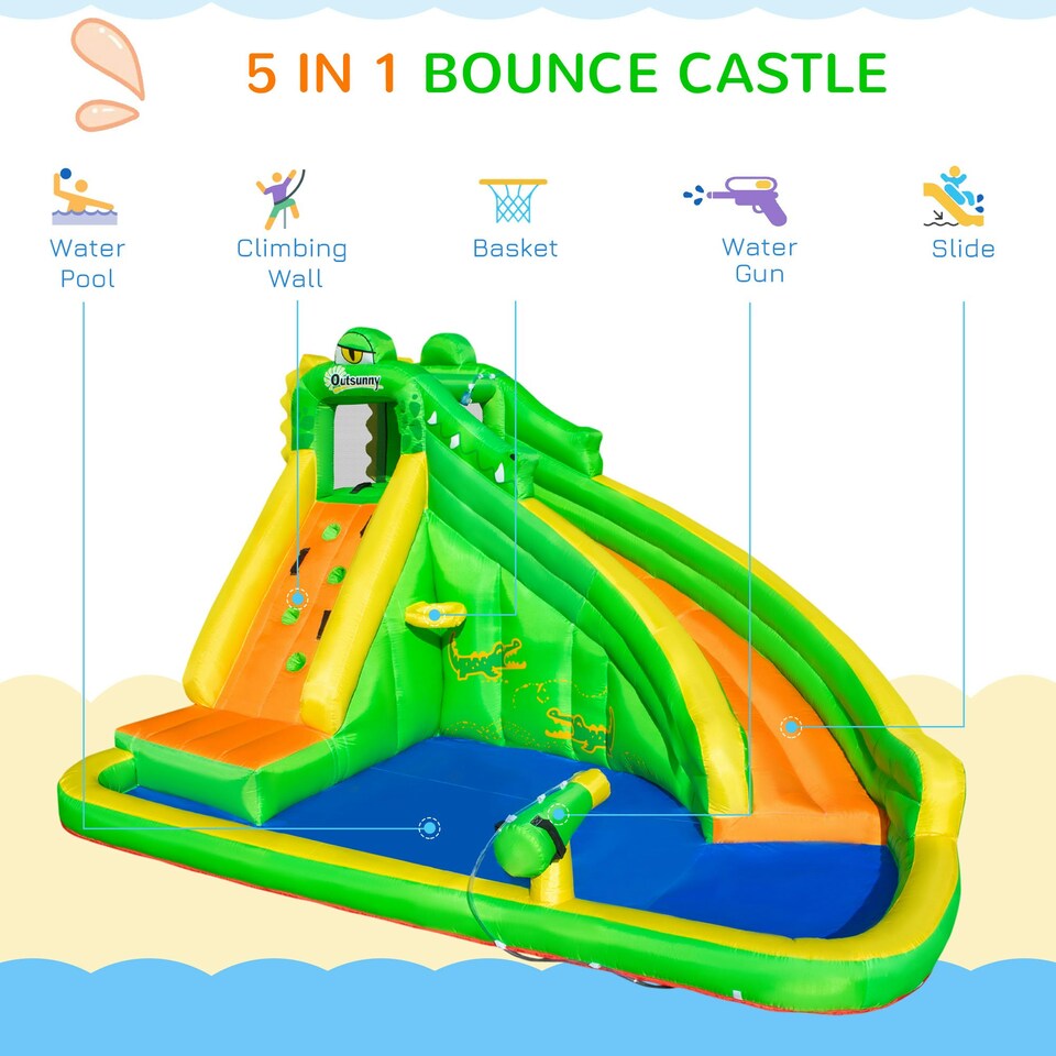 image 1 of Outsunny Kids Bouncy Castle with Slide Pool Basket Gun Climbing Wall W/ Blower