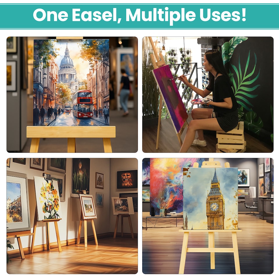 image 1 of 1.5m Adjustable A-Frame Studio Easel, Natural Pine Wood Folding Stand
