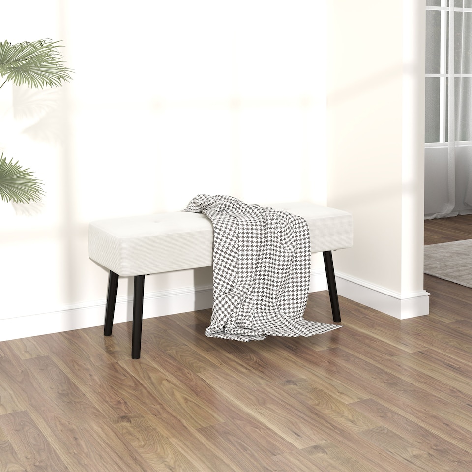 image 1 of HOMCOM End of Bed Bench, Corduroy Bedroom Bench with Thick Padding and Steel Legs, Tufted Window Seat for Entryway, Living Room, Cream White