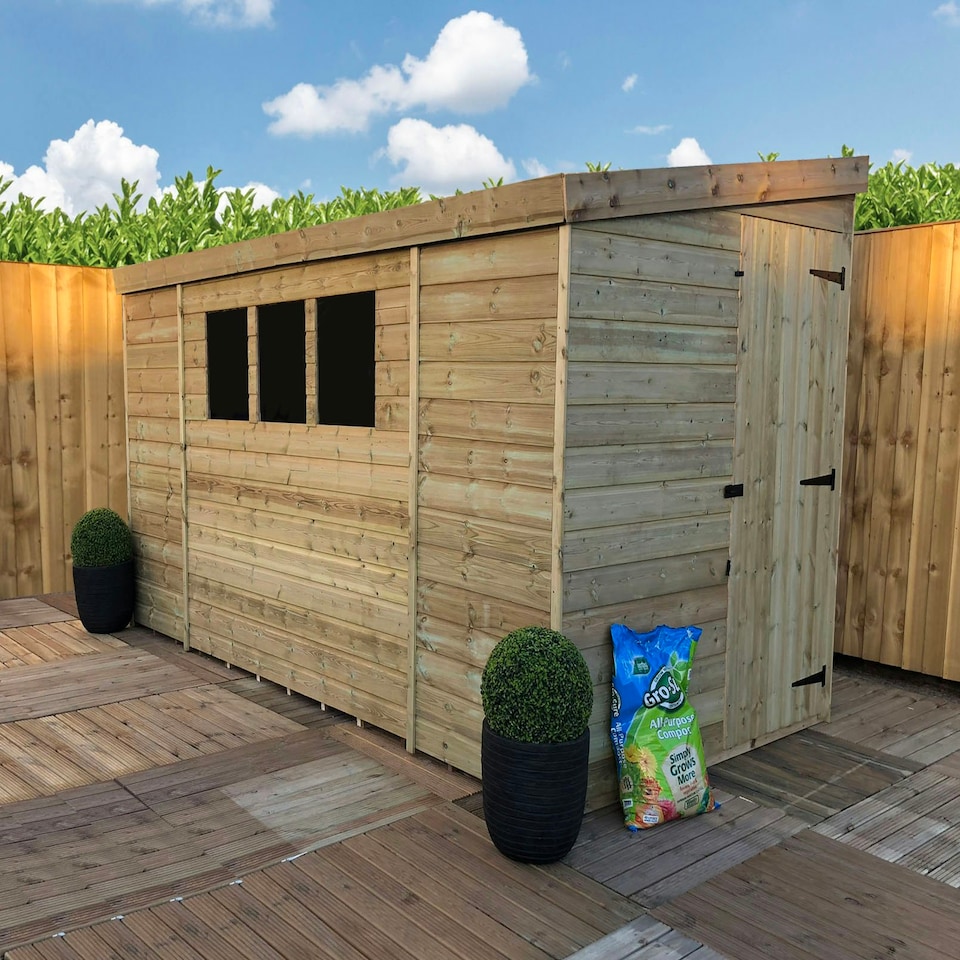image 1 of 14 x 7 REVERSE Garden Shed Pressure Treated T&G PENT Wooden Garden Shed + 3 Windows + Single Door (14' x 7' / 14ft x 7ft) (14x7)