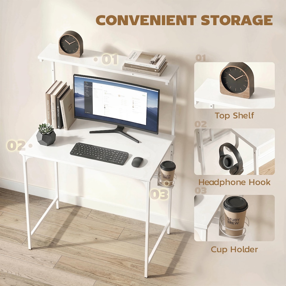 image 1 of HOMCOM Computer Desk, 80cm Home Office Study Table with Hutch Shelf | White | White | 80W x 50D x 121.7H cm