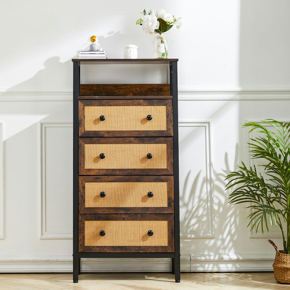 image 1 of Living and Home 4-Drawer Rustic Rattan Storage Cabinet with Shelf