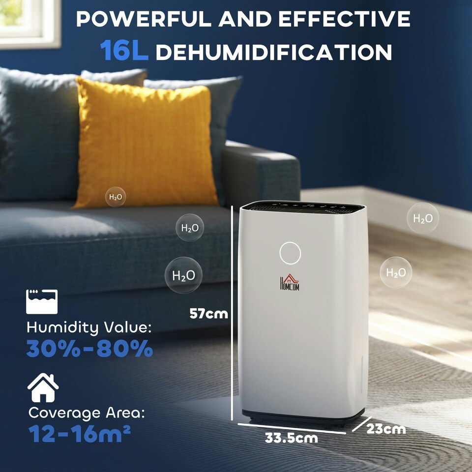 image 1 of HOMCOM 16L/Day Portable Quiet Dehumidifier for Home, Electric Air De-Humidifier