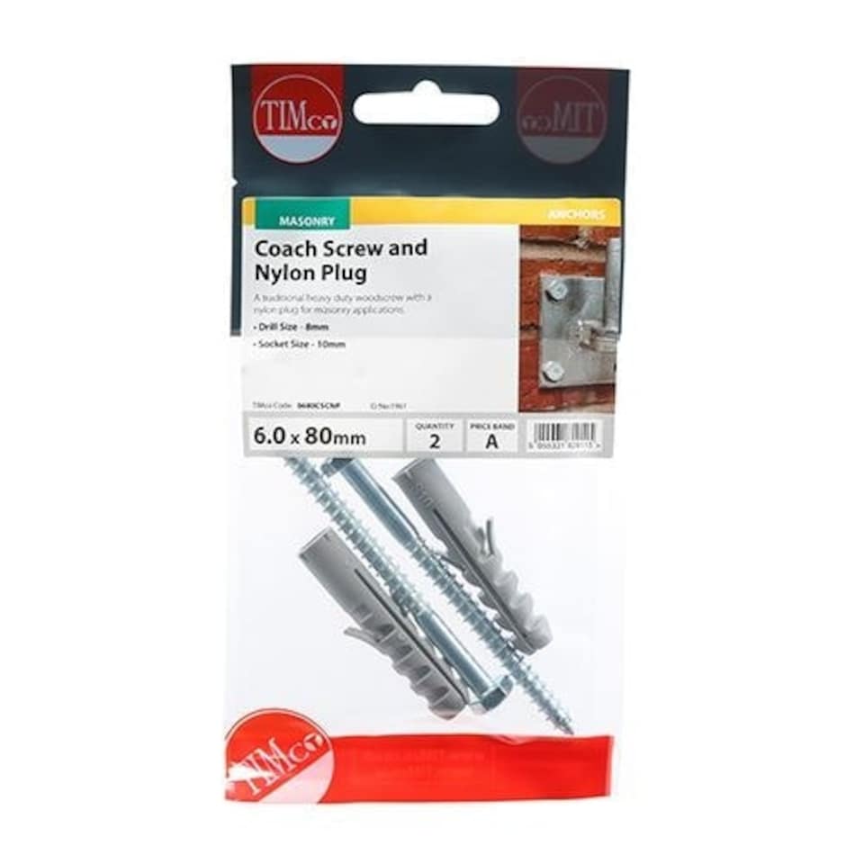 image 1 of Timco - Coach Screw & Nylon Plugs - Zinc (Size 6.0 x 80 - 2 Pieces)