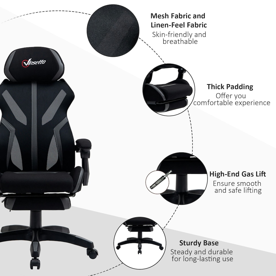 image 1 of Vinsetto Mesh Task Swivel Chair Office Desk Recliner w/ Lumbar Support, Grey