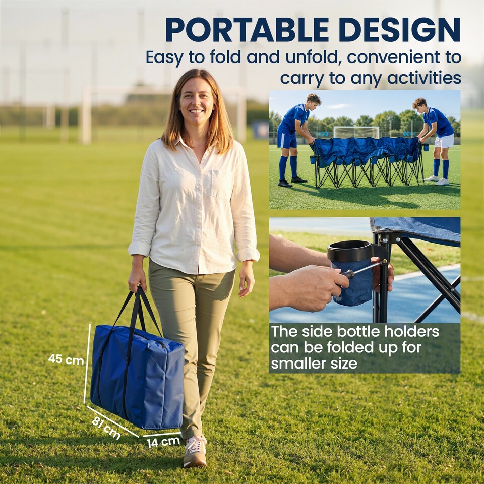 image 1 of Outsunny 6 Seater Folding Bench Camping Chair with Cup Holder, Blue | Blue | Blue
