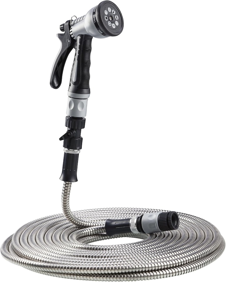 image 1 of Easy Hose Stainless Steel Garden Water Hosepipe Rust Proof & Tangle Free with Hand Held Spray Nozzle (25ft) | Silver