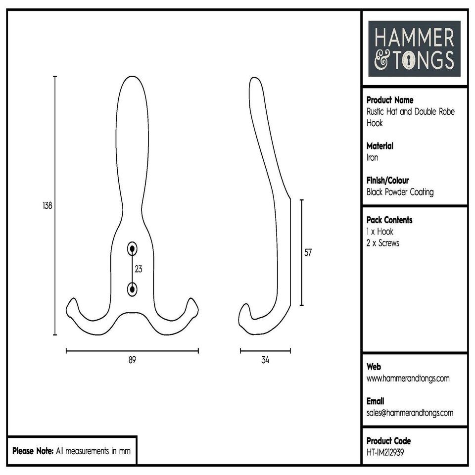 image 1 of Hammer & Tongs Rustic Hat and Double Robe Hook - W90mm x H140mm - Black