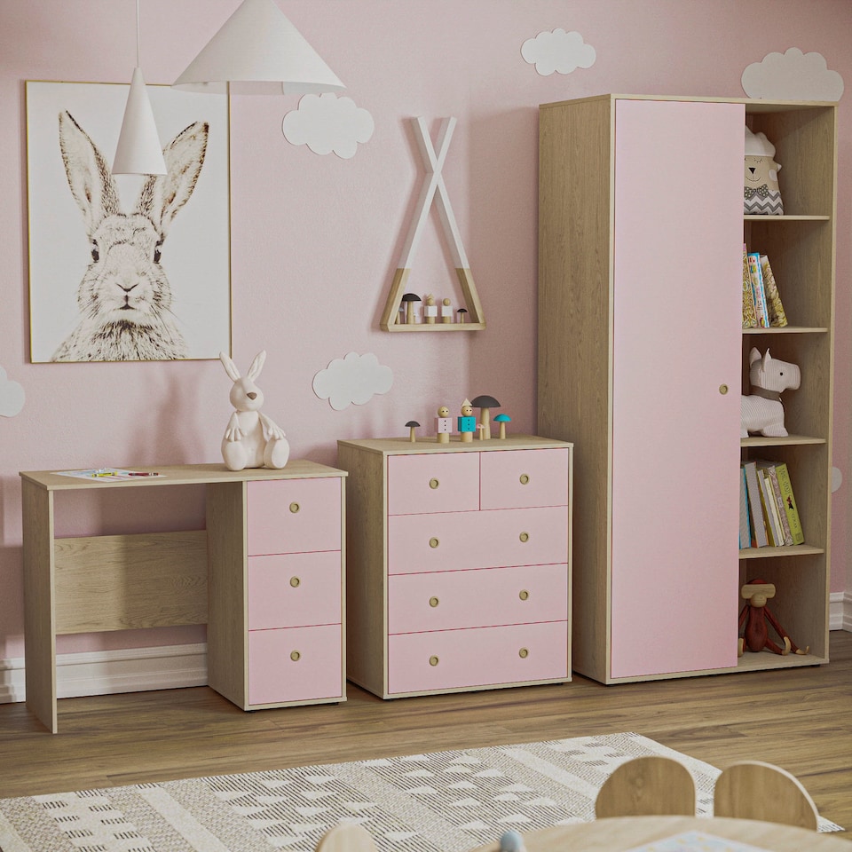 image 1 of Junior Vida Neptune 3 Piece Bedroom Set, Pink & Oak (Desk, Drawer Chest, Wardrobe) | Pink | Pink | L | 3