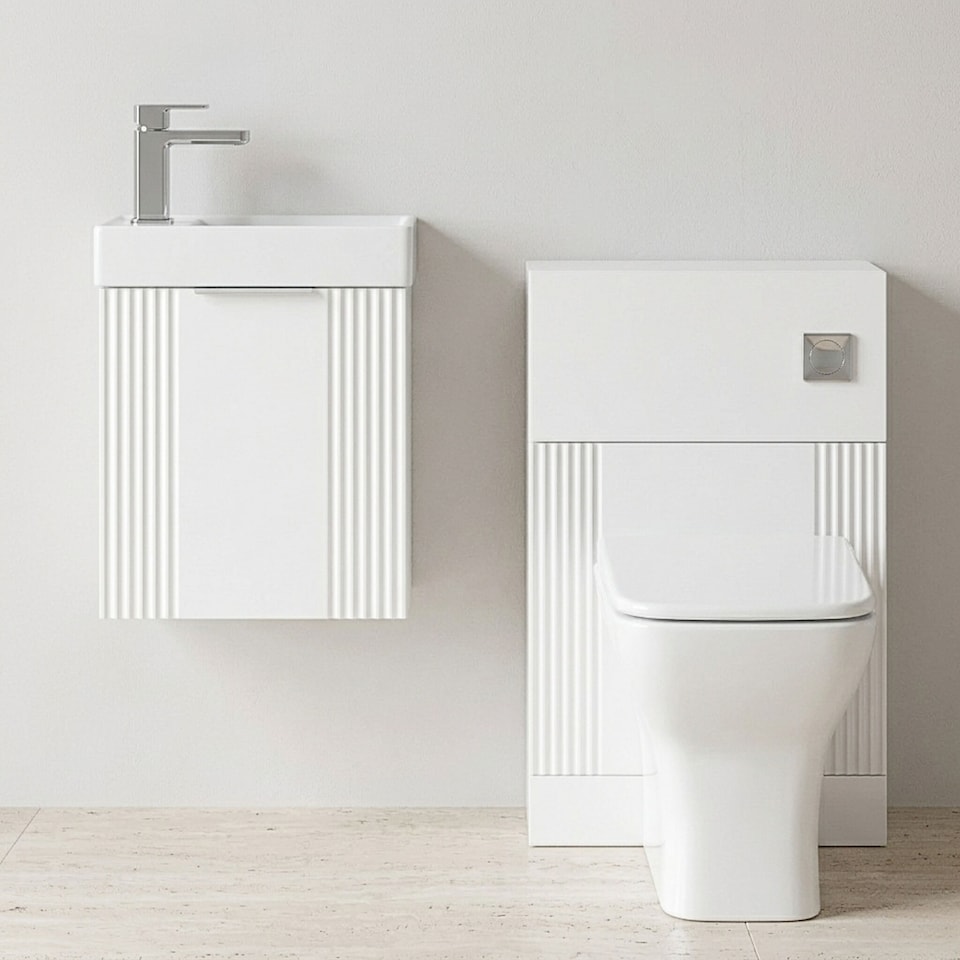 image 1 of Balterley Cloakroom Suite - Wall Hung Basin Unit, Toilet & Tap | White | Satin White | 438 x 400 x 222mm