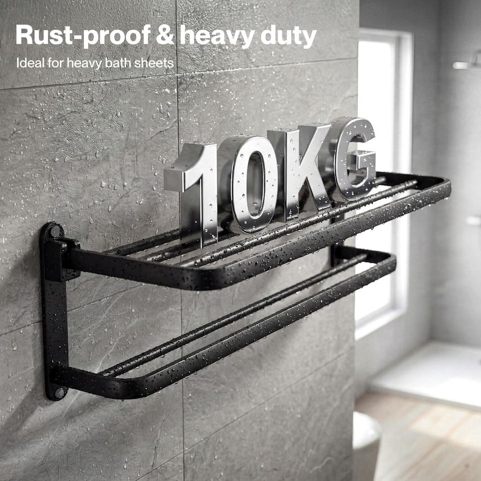 image 1 of Levede Towel Holder with 2 Bars Wall Mounted No Drill Bathroom Shelf Black
