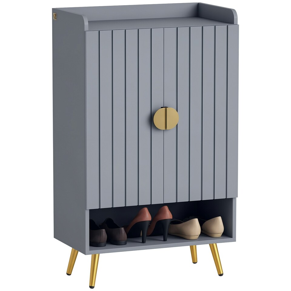 image 1 of HOMCOM Shoe Cabinet with Beadboard Doors for 15 Pairs of Shoes, Light Grey Blue