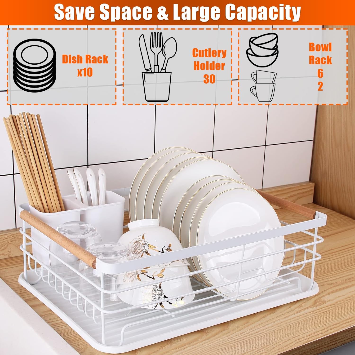 Dish Drainer Rack Modern Design Wooden Handle With Drip Tray Plate