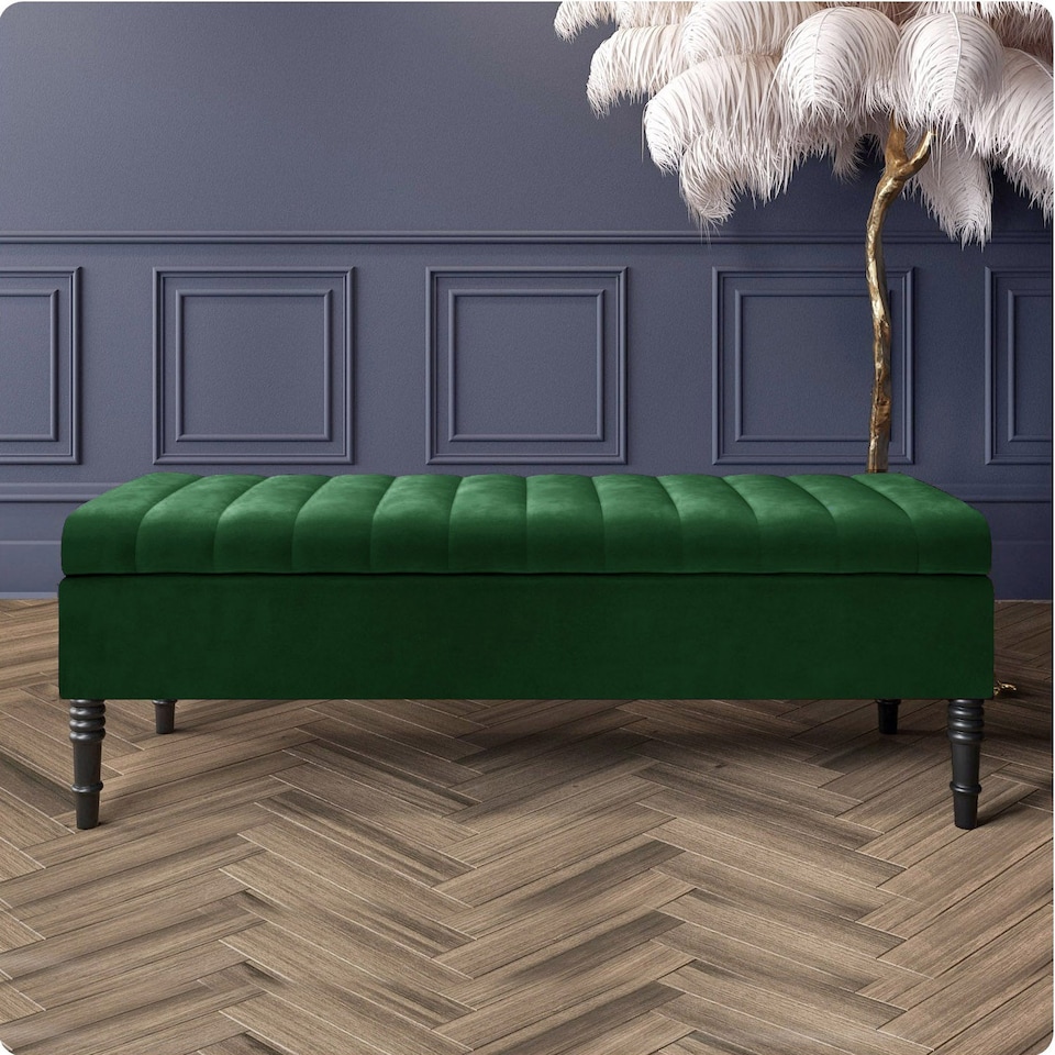 image 1 of Safar 120cm Ottoman Storage Bench - Plush Velvet Shoe Bench - Forest Green Lined Upholstery Storage Footstool