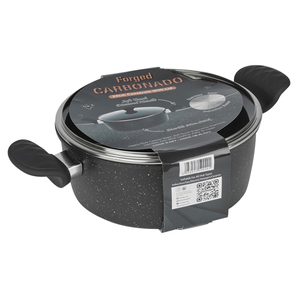 image 1 of Pressed Carbon Saucepans Casserole Pots Frying Pans Induction Soft Touch Handles | Black | Black | 24cm Casserole Pot | 1