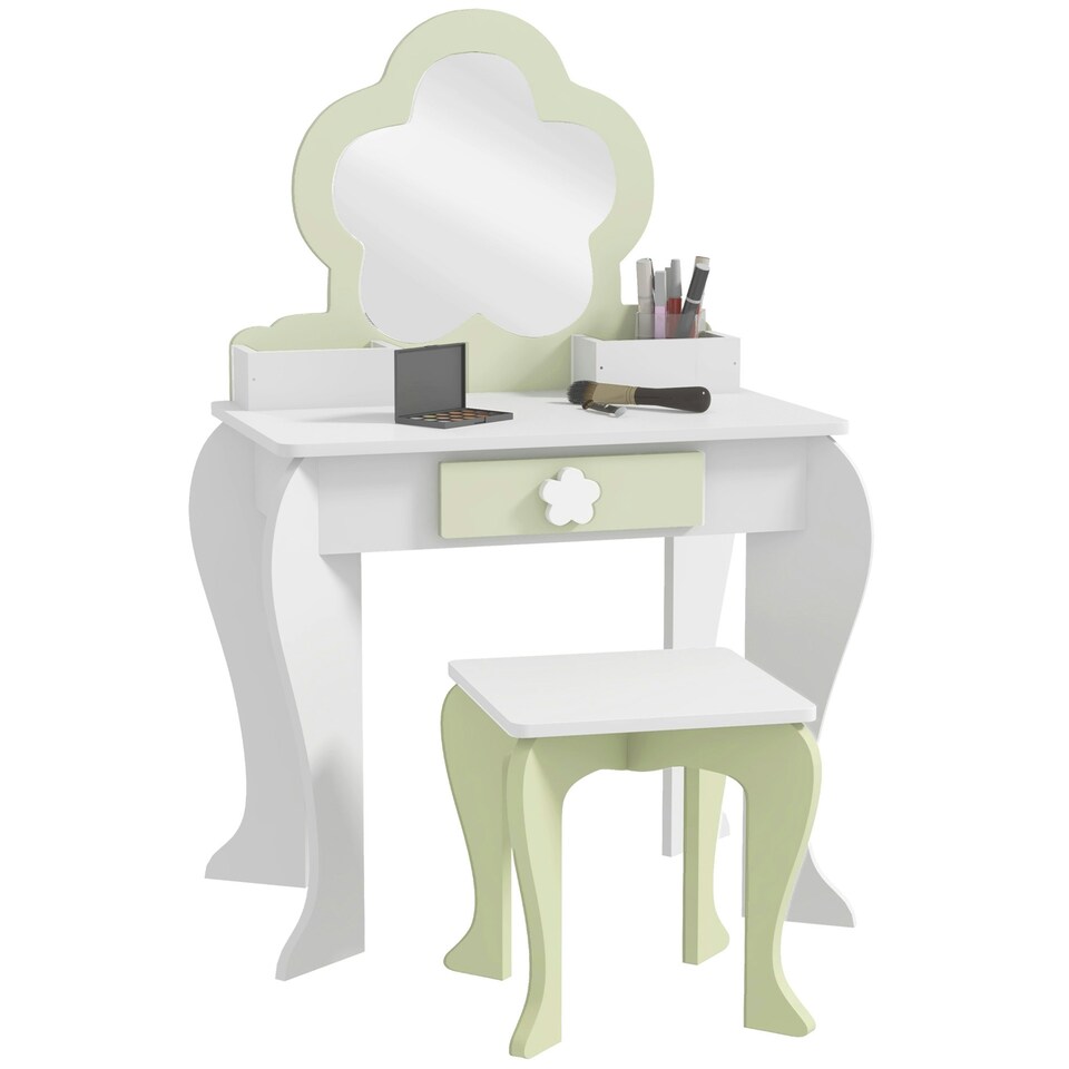 image 1 of ZONEKIZ Kids Vanity Table Set, Beauty Flower Design, for Ages 3-6 Years - White White
