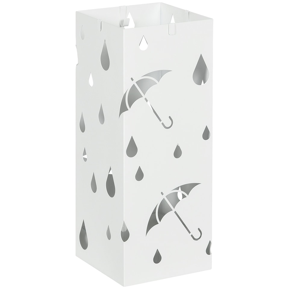 image 1 of HOMCOM Metal Umbrella Stand, Square Umbrella Basket with 4 Hooks Drip Tray White