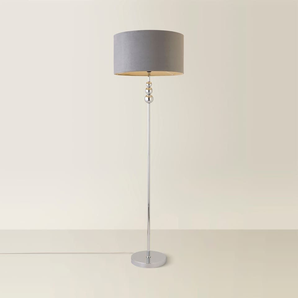 image 1 of ValueLights Marissa Grey Velvet Shade with Chrome Stacked Ball Floor Lamp | Grey